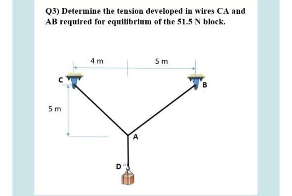 Q3) Determine the tension developed in wires CA and
AB required for equilibrium of the 51.5 N block.
4 m
5 m
B
5m
A
D
