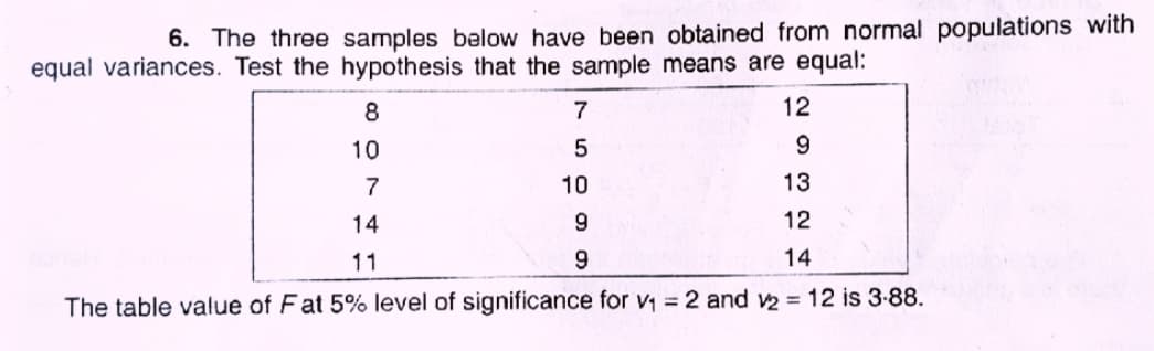 6. The three samples below have been obtained from normal populations with
equal variances. Test the hypothesis that the sample means are equal:
8
12
10
7
10
13
14
12
11
9.
14
The table value of Fat 5% level of significance for v = 2 and v2 = 12 is 3-88.
