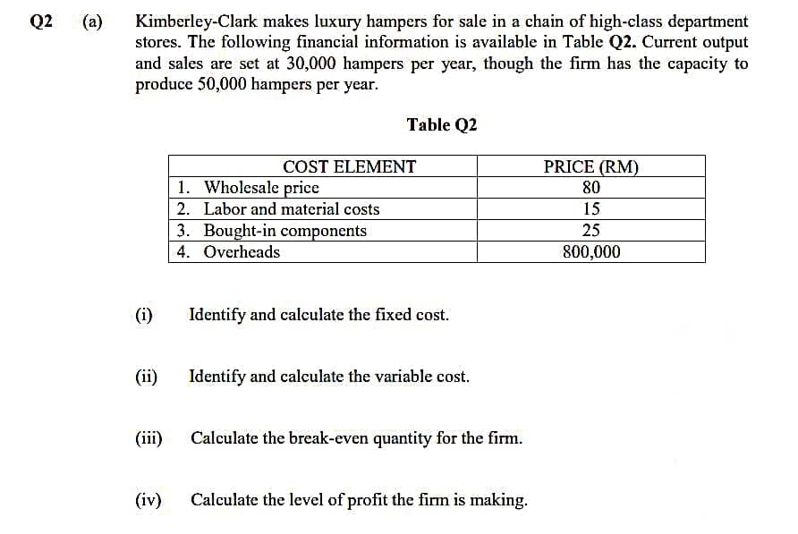 Q2
(a)
Kimberley-Clark makes luxury hampers for sale in a chain of high-class department
stores. The following financial information is available in Table Q2. Current output
and sales are set at 30,000 hampers per year, though the firm has the capacity to
produce 50,000 hampers per year.
Table Q2
COST ELEMENT
PRICE (RM)
1. Wholesale price
80
2. Labor and material costs
15
3. Bought-in components
4. Overheads
25
800,000
(i)
Identify and calculate the fixed cost.
(ii)
Identify and calculate the variable cost.
(ii)
Calculate the break-even quantity for the firm.
(iv)
Calculate the level of profit the firm is making.

