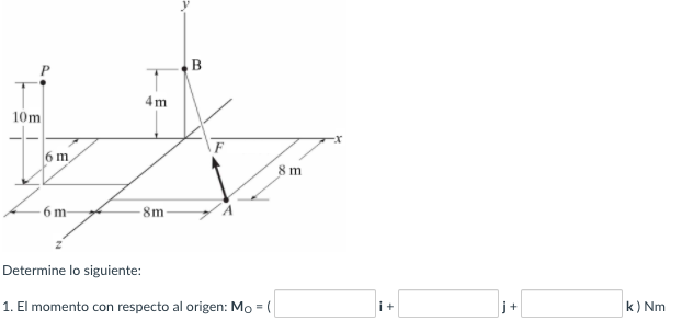 4m
10m
6 m
8m
- 6 m-
8m
Determine lo siguiente:
1. El momento con respecto al origen: Mo = (
i+
j+
k) Nm
B.
