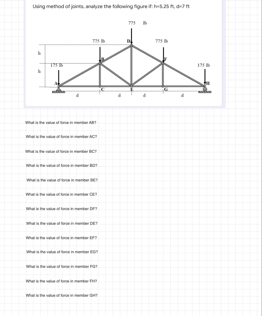 Using method of joints, analyze the following figure if: h=5.25 ft, d=7 ft
775
lb
775 lb
D.
775 lb
h
175 lb
175 lb
h
A
d
d
d.
d
What is the value of force in member AB?
What is the value of force in member AC?
What is the value of force in member BC?
What is the value of force in member BD?
What is the value of force in member BE?
What is the value of force in member CE?
What is the value of force in member DF?
What is the value of force in member DE?
What is the value of force in member EF?
What is the value of force in member EG?
What is the value of force in member FG?
What is the value of force in member FH?
What is the value of force in member GH?
