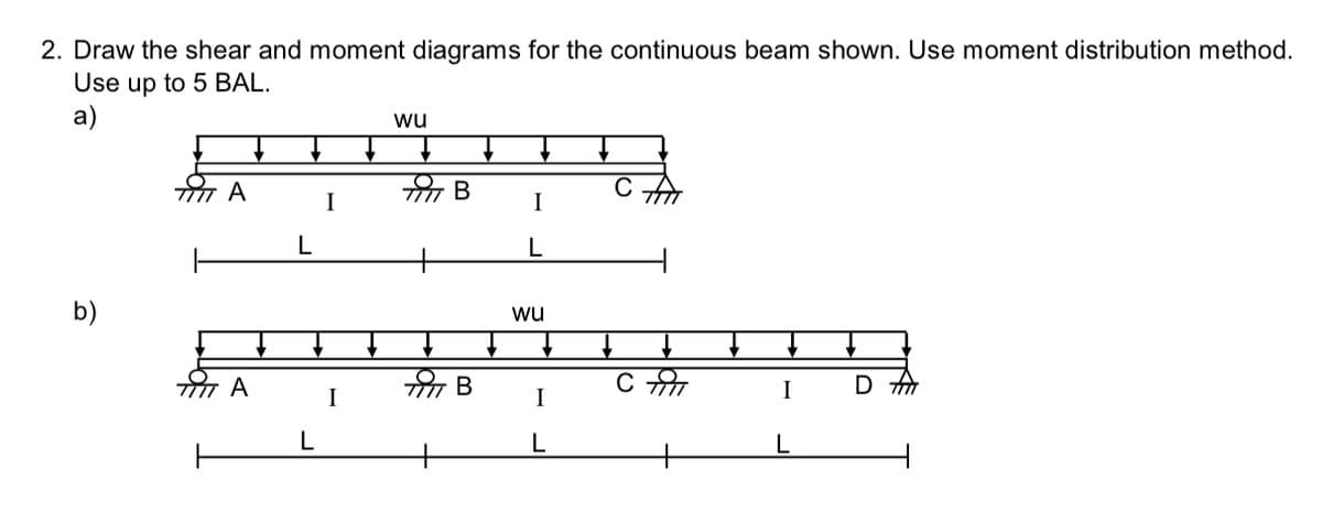 2. Draw the shear and moment diagrams for the continuous beam shown. Use moment distribution method.
Use up to 5 BAL.
a)
b)
A
TITA
L
L
I
I
wu
fir B
fir B
L
WU
I
сд
CM
I
D