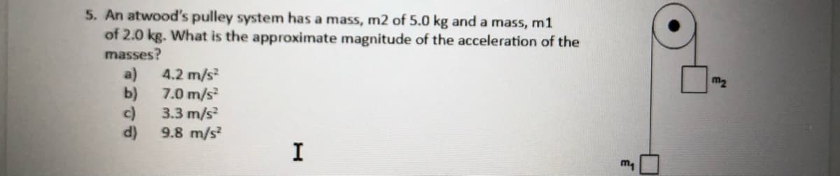 5. An atwood's pulley system has a mass, m2 of 5.0 kg and a mass, m1
of 2.0 kg. What is the approximate magnitude of the acceleration of the
masses?
4.2 m/s
m2
b)
7.0 m/s
c)
3.3 m/s
d)
9.8 m/s
I
