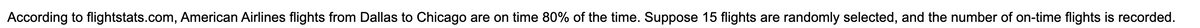 According to flightstats.com, American Airlines flights from Dallas to Chicago are on time 80% of the time. Suppose 15 flights are randomly selected, and the number of on-time flights is recorded.
