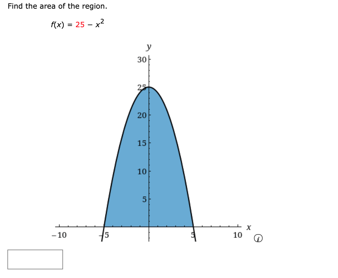 Find the area of the region.
f(x) = 25 – x2
y
30
25
20
15
10
-10
10
