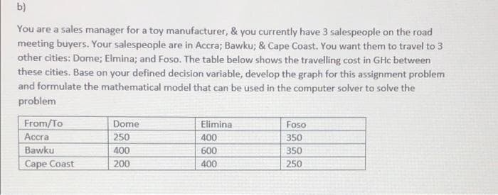 b)
You are a sales manager for a toy manufacturer, & you currently have 3 salespeople on the road
meeting buyers. Your salespeople are in Accra; Bawku; & Cape Coast. You want them to travel to 3
other cities: Dome; Elmina; and Foso. The table below shows the travelling cost in GHc between
these cities. Base on your defined decision variable, develop the graph for this assignment problem
and formulate the mathematical model that can be used in the computer solver to solve the
problem
From/To
Dome
Elimina
Foso
Accra
250
400
350
Bawku
Cape Coast
400
600
350
200
400
250
