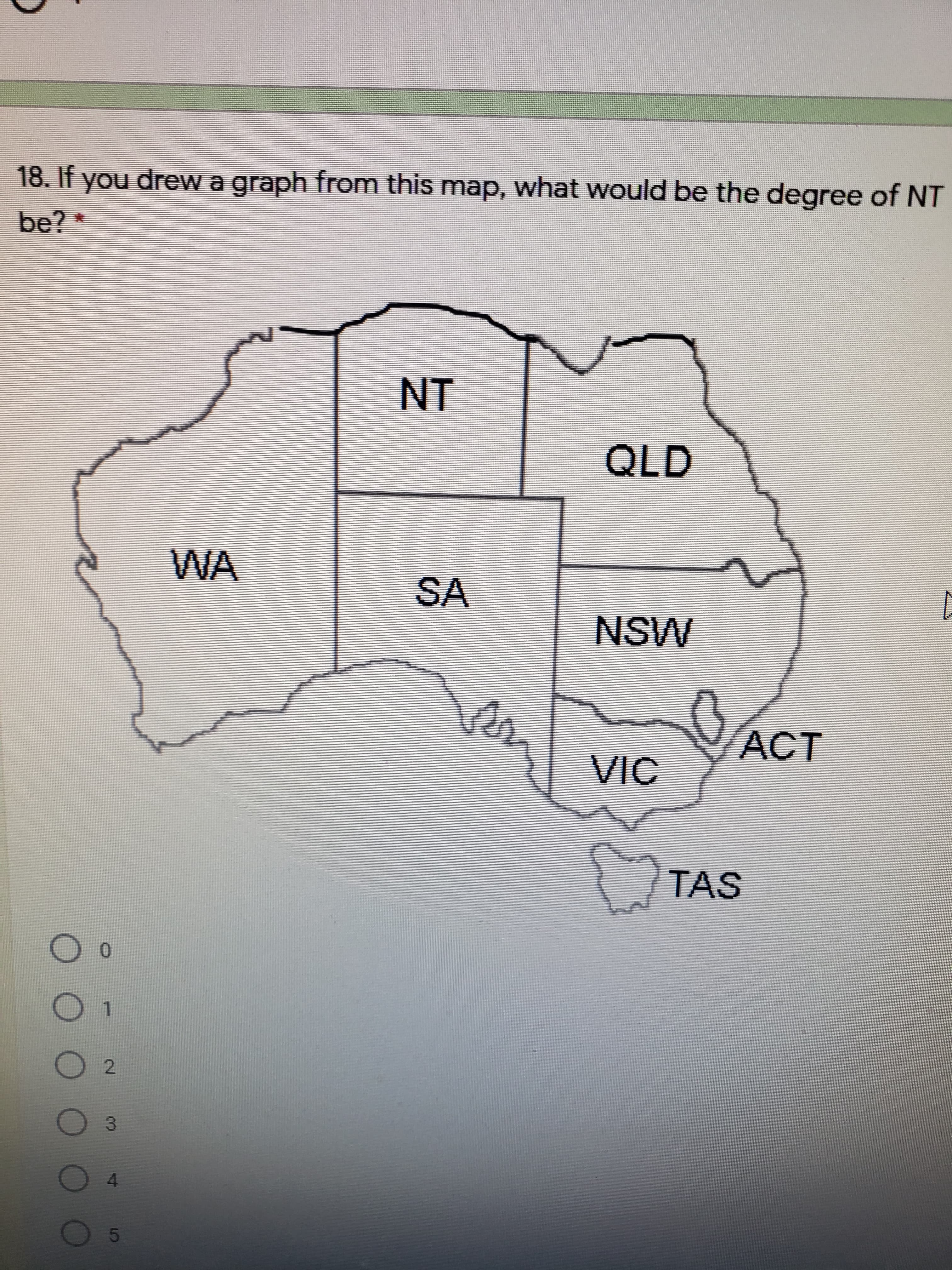 18. If you drew a graph from this map, what would be the degree of NT
be? *
