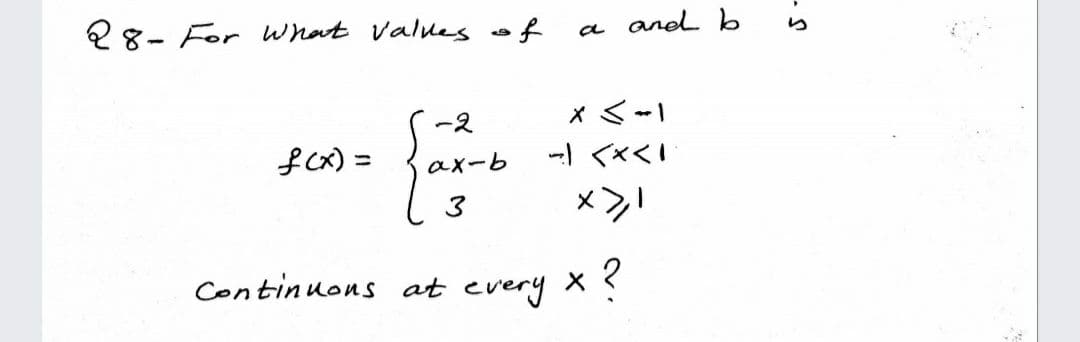 28- For What valuesof
a anel
ら
-2
fCx) =
ー<くく
%3D
ax-b
Continuons at every
x ?
