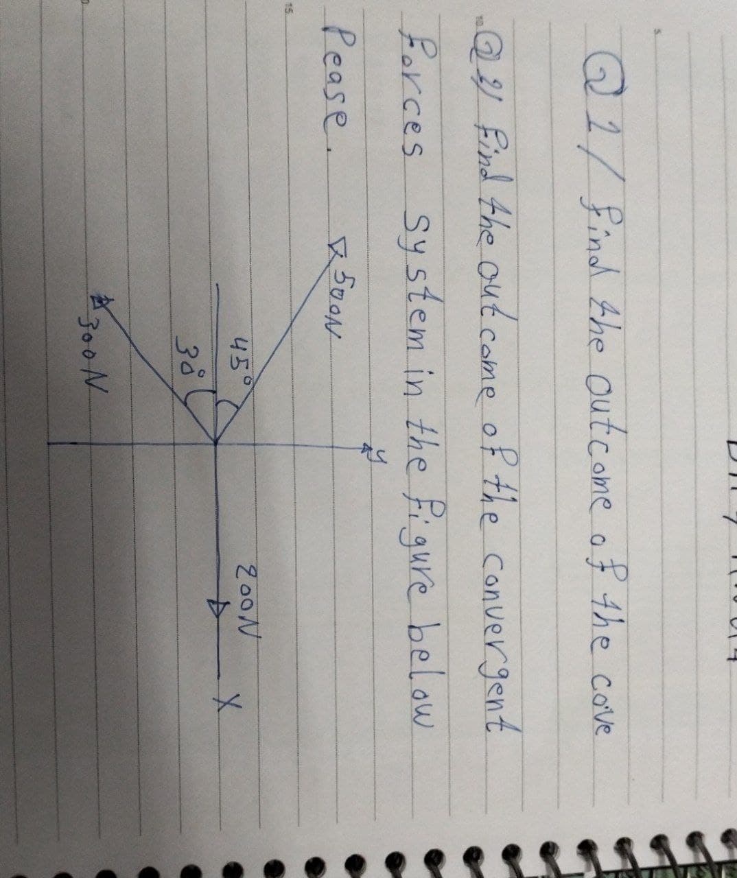 Q1/Bind the Outcome of the cove
Q4 Bind the out come of the convergent
Porces System in the Pigure below
Pease.
15
450
3°
300N
