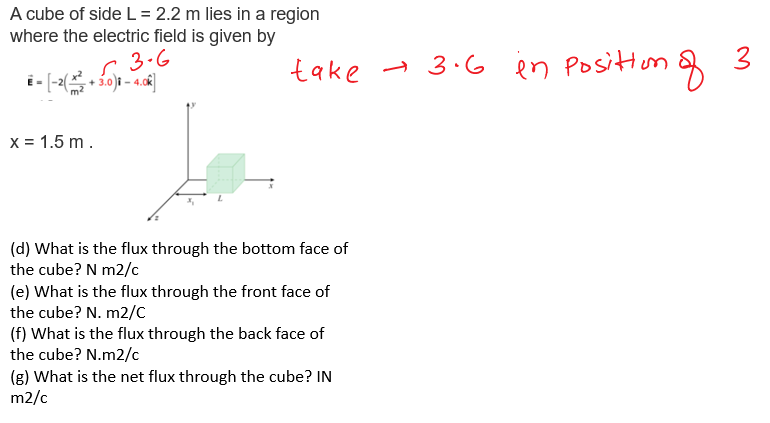 A cube of side L = 2.2 m lies in a region
where the electric field is given by
3.G
take → 3.6
- 3.6 in Positton of
3
x = 1.5 m.
(d) What is the flux through the bottom face of
the cube? N m2/c
(e) What is the flux through the front face of
the cube? N. m2/C
(f) What is the flux through the back face of
the cube? N.m2/c
(g) What is the net flux through the cube? IN
m2/c

