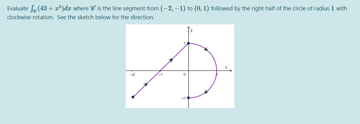 Evaluate fe (43+ x³)dx where C is the line segment from (-2, –1) to (0, 1) followed by the right half of the circle of radius 1 with
clockwise rotation. See the sketch below for the direction.
-1
