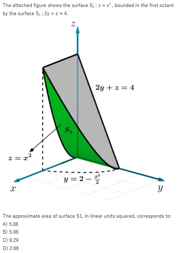 The attached figure shows the surface S₁: z = x², bounded in the first octant
by the surface S₂ : 2y + z = 4.
2
2y+z=4
I
I
I
I
I
S₁
y=2-2
Y
The approximate area of surface S1, in linear units squared, corresponds to:
A) 5.06
B) 5.96
C) 9.29
D) 2.66
2=x
કે