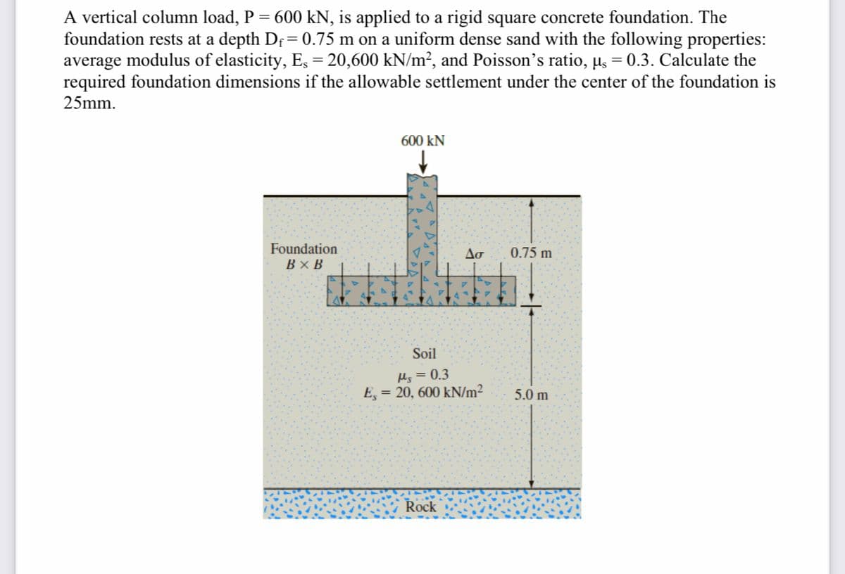 A vertical column load, P = 600 kN, is applied to a rigid square concrete foundation. The
foundation rests at a depth Df= 0.75 m on a uniform dense sand with the following properties:
average modulus of elasticity, Es = 20,600 kN/m², and Poisson's ratio, µs = 0.3. Calculate the
required foundation dimensions if the allowable settlement under the center of the foundation is
25mm.
600 kN
Foundation
0.75 m
Вхв
Soil
Hs = 0.3
E, = 20, 600 kN/m²
5.0 m
Rock
