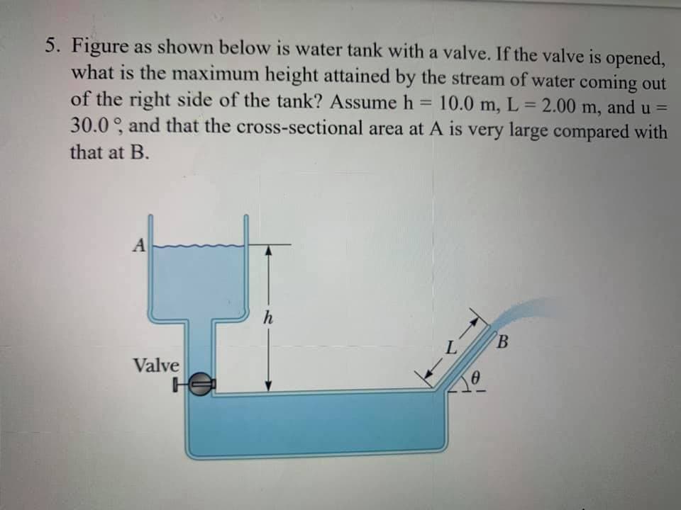 5. Figure as shown below is water tank with a valve. If the valve is opened,
what is the maximum height attained by the stream of water coming out
of the right side of the tank? Assume h
30.0, and that the cross-sectional area at A is very large compared with
10.0 m, L = 2.00 m, and u =
%3D
that at B.
A
L
Valve
