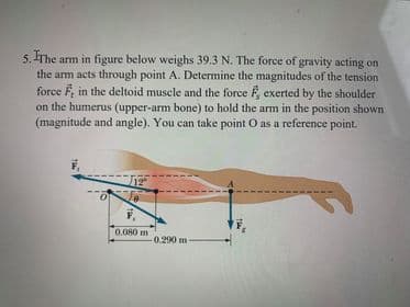 5. IThe arm in figure below weighs 39.3 N. The force of gravity acting on
the arm acts through point A. Determine the magnitudes of the tension
force F, in the deltoid muscle and the force F, exerted by the shoulder
on the humerus (upper-arm bone) to hold the arm in the position shown
(magnitude and angle). You can take point O as a reference point.
0.080 m
0.290 m
