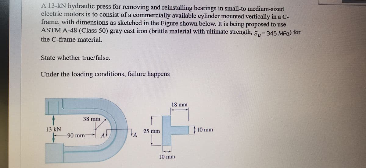 A 13-kN hydraulic press for removing and reinstalling bearings in small-to medium-sized
electric motors is to consist of a commercially available cylinder mounted vertically in a C-
frame, with dimensions as sketched in the Figure shown below. It is being proposed to use
ASTM A-48 (Class 50) gray cast iron (brittle material with ultimate strength, s,,= 345 MPa) for
the C-frame material.
State whether true/false.
Under the loading conditions, failure happens
18 mm
38 mm
13 kN
10 mm
25 mm
A
-90 mm
10 mm
