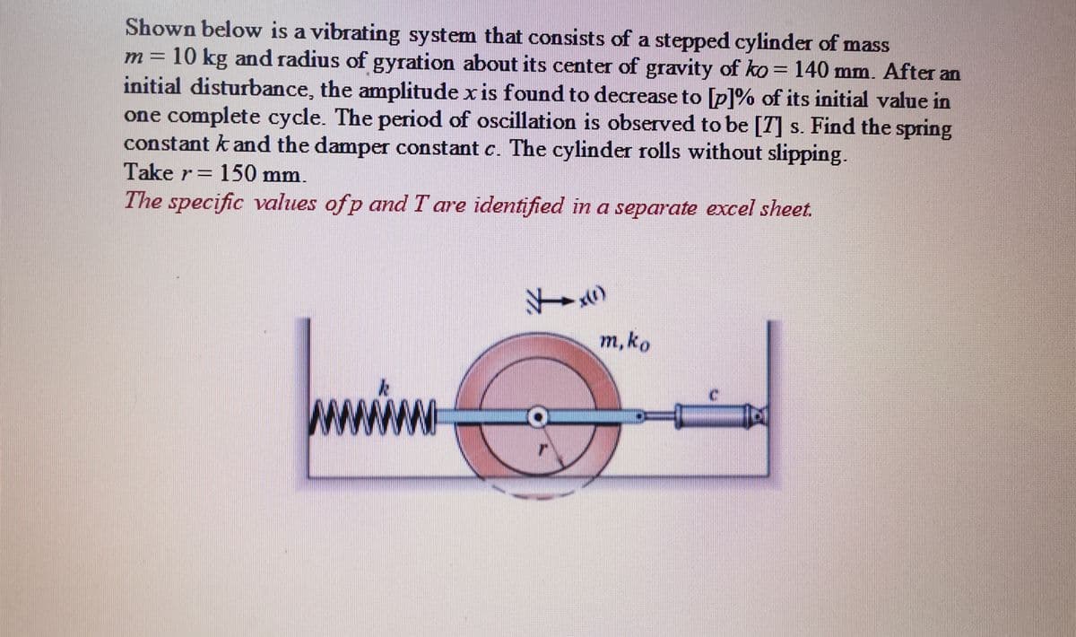 Shown below is a vibrating system that consists of a stepped cylinder of mass
m= 10 kg and radius of gyration about its center of gravity of ko = 140 mm. After an
initial disturbance, the amplitude x is found to decrease to [pl% of its initial value in
one complete cycle. The period of oscillation is observed to be [7] s. Find the spring
constant k and the damper constant c. The cylinder rolls without slipping.
Take r= 150 mm.
The specific values ofp and T are identified in a separate excel sheet.
m, k.
www
