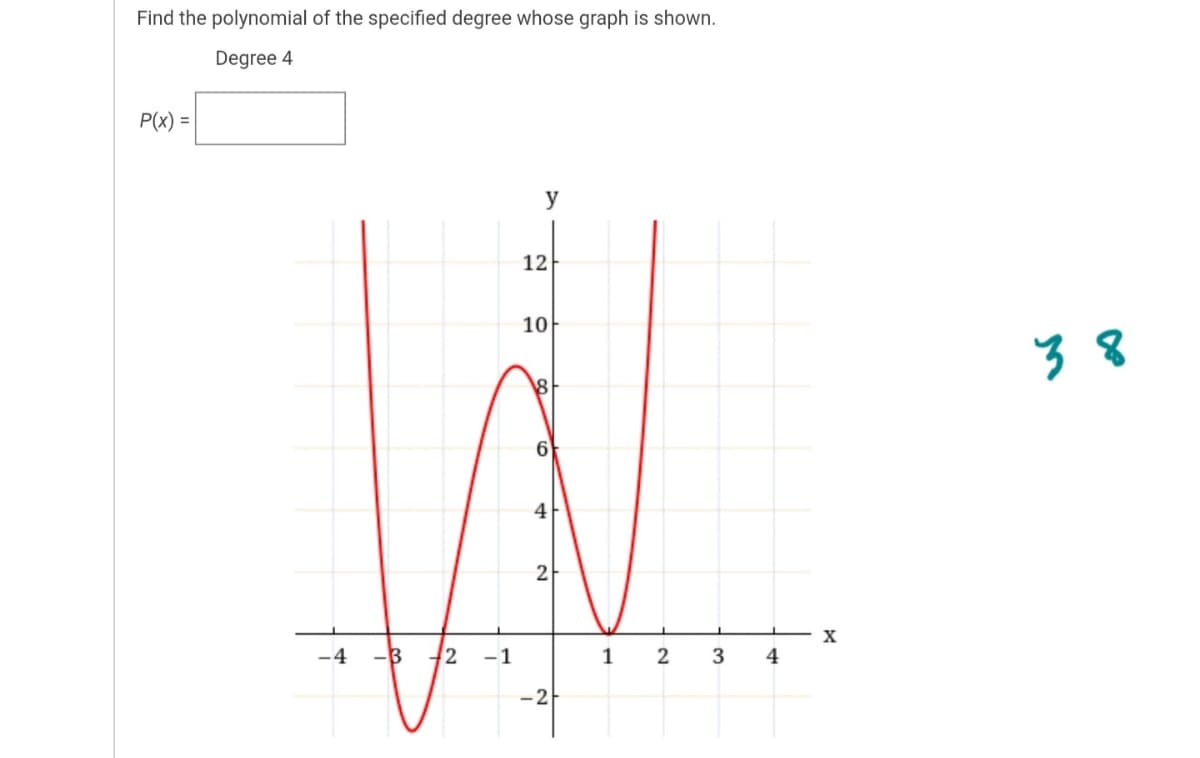 Find the polynomial of the specified degree whose graph is shown.
Degree 4
P(x) =
y
12
10
3 8
4
X
-4
2
-1
1
2
3
4
-2
