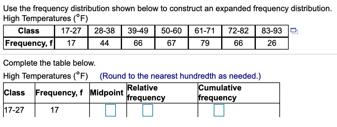 Use the frequency distribution shown below to construct an expanded frequency distribution.
High Temperatures (°F)
Class
17-27
28-38
39-49
50-60
61-71
72-82
83-93
Frequency, f
17
44
66
67
79
66
26
Complete the table below.
High Temperatures (°F) (Round to the nearest hundredth as needed.)
Relative
frequency
Cumulative
frequency
Class
Frequency, f Midpoint
17-27
17
