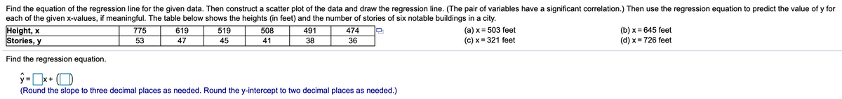 Find the equation of the regression line for the given data. Then construct a scatter plot of the data and draw the regression line. (The pair of variables have a significant correlation.) Then use the regression equation to predict the value of y for
each of the given x-values, if meaningful. The table below shows the heights (in feet) and the number of stories of six notable buildings in a city.
Height, x
Stories, y
(а) х %3D 503 feet
(c) x = 321 feet
(b) x = 645 feet
(d) x = 726 feet
775
619
519
508
491
474
53
47
45
41
38
36
Find the regression equation.
x+
(Round the slope to three decimal places as needed. Round the y-intercept to two decimal places as needed.)
