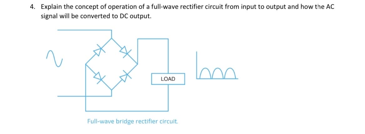 4. Explain the concept of operation of a full-wave rectifier circuit from input to output and how the AC
signal will be converted to DC output.
एक
LOAD
Full-wave bridge rectifier circuit.
Im