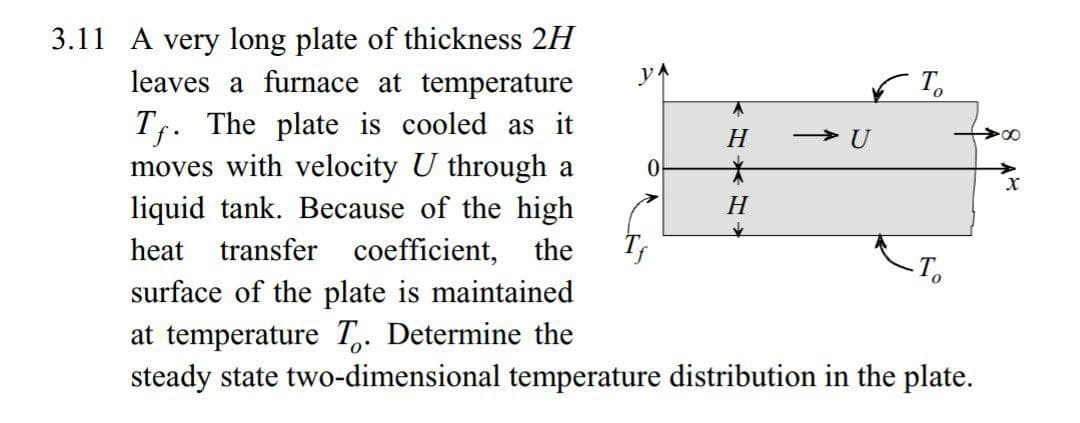 3.11 A very long plate of thickness 2H
leaves a furnace at temperature
y.
Tf. The plate is cooled as it
moves with velocity U through a
liquid tank. Because of the high
H
U
H
heat transfer coefficient, the
- T.
surface of the plate is maintained
at temperature T,. Determine the
steady state two-dimensional temperature distribution in the plate.
