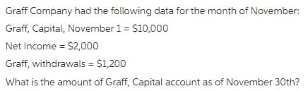 Graff Company had the following data for the month of November:
Graff, Capital, November 1= $10,000
Net Income = $2,000
Graff, withdrawals = $1,200
What is the amount of Graff, Capital account as of November 30th?
