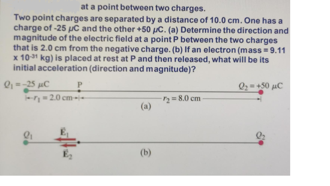 at a point between two charges.
Two point charges are separated by a distance of 10.0 cm. One has a
charge of -25 µC and the other +50 µC. (a) Determine the direction and
magnitude of the electric field at a point P between the two charges
that is 2.0 cm from the negative charge. (b) If an electron (mass = 9.11
x 10-31 kg) is placed at rest at P and then released, what will be its
initial acceleration (direction and magnitude)?
Q =-25 µC
P.
Q2=+50 µC
- = 2.0 cm-|-
-r2 = 8.0 cm
(a)
%3D
Q2
(b)
