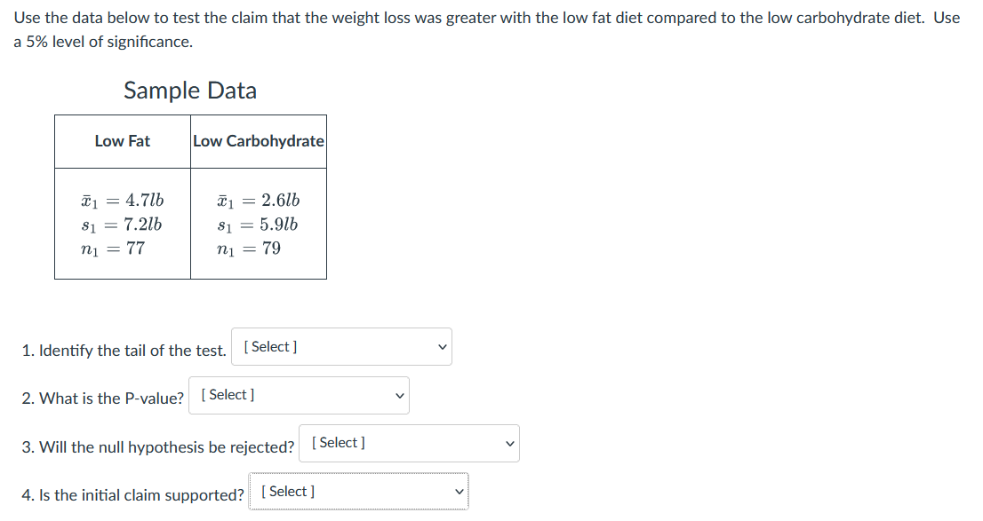 Use the data below to test the claim that the weight loss was greater with the low fat diet compared to the low carbohydrate diet. Use
a 5% level of significance.
Sample Data
Low Fat
Low Carbohydrate
T1 = 4.7lb
s1 = 7.2lb
n1 = 77
T1 = 2.6lb
81 = 5.9lb
nị = 79
1. Identify the tail of the test.
[ Select ]
2. What is the P-value? [ Select ]
3. Will the null hypothesis be rejected? [Select ]
4. Is the initial claim supported? [ Select ]
