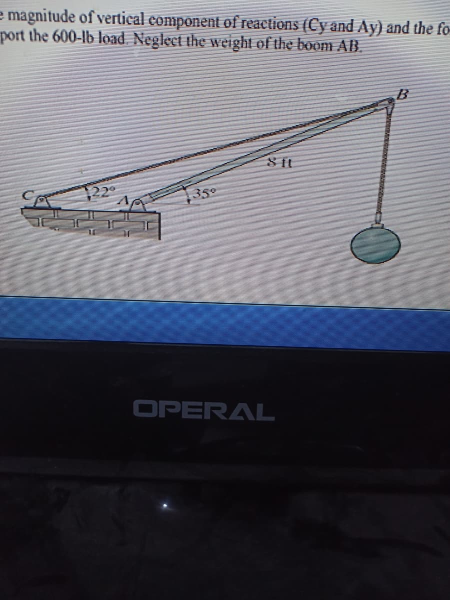 e magnitude of vertical component of reactions (Cy and Ay) and the fo-
port the 600-lb load. Negleet the weight of the boom AB.
810
1220
OPERAL
