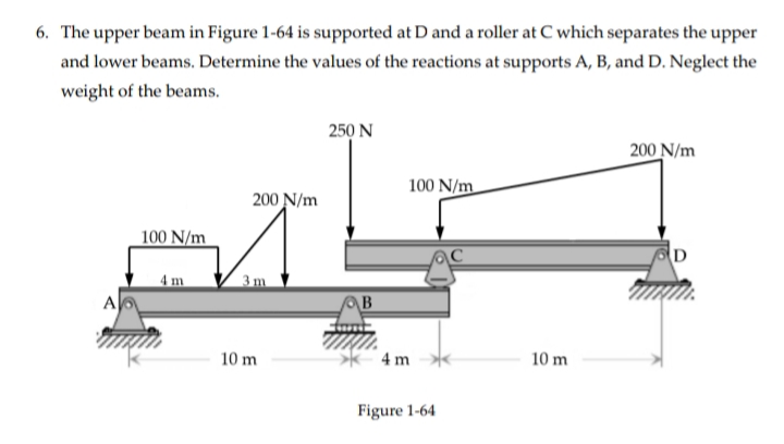 6. The upper beam in Figure 1-64 is supported at D and a roller at C which separates the upper
and lower beams. Determine the values of the reactions at supports A, B, and D. Neglect the
weight of the beams.
250 N
200 N/m
100 N/m
200 N/m
100 N/m
A
D
3m
10 m
4 m
Figure 1-64
10 m