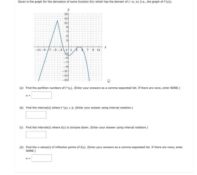 Given is the graph for the derivative of some function f(x) which has the domain of (-∞, ∞) (i.e., the graph of f'(x)).
y
X =
15
13
11
9
753
-11-9 7-5-3-11 3
3 in
3
-5
-7
-91
-11
as
-13-
15
5 7 9 11
X
(a) Find the partition numbers of f"(x). (Enter your answers as a comma-separated list. If there are none, enter NONE.)
(b) Find the interval(s) where f"(x) > 0. (Enter your answer using interval notation.)
(c) Find the interval(s) where f(x) is concave down. (Enter your answer using interval notation.)
(d) Find the x-value(s) of inflection points of f(x). (Enter your answers as a comma-separated list. If there are none, enter
NONE.)