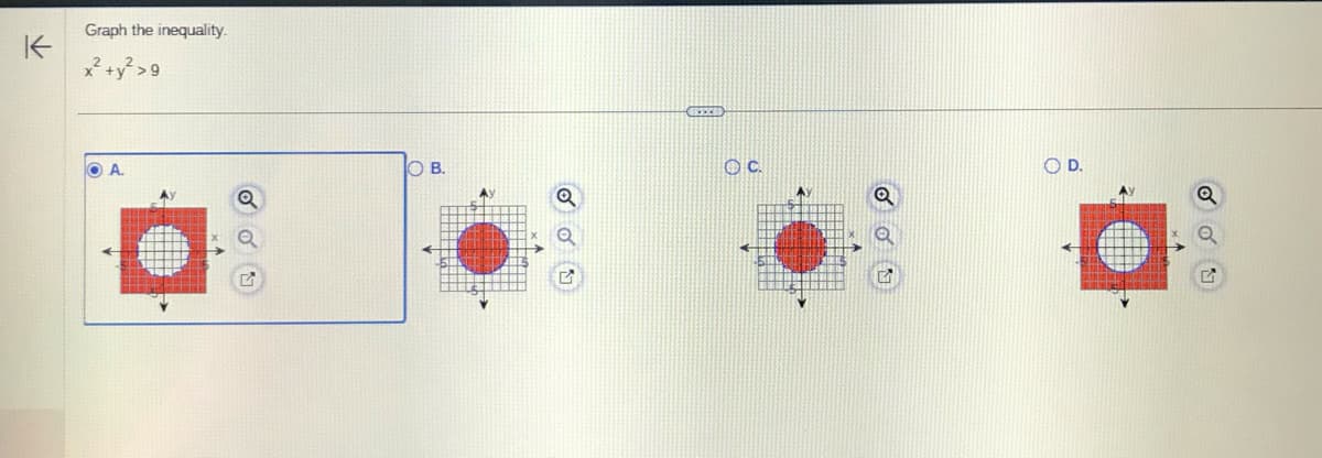 ↑
Graph the inequality.
x² + y² >9
A.
OB.
CEZZE
OC.
D.
Q