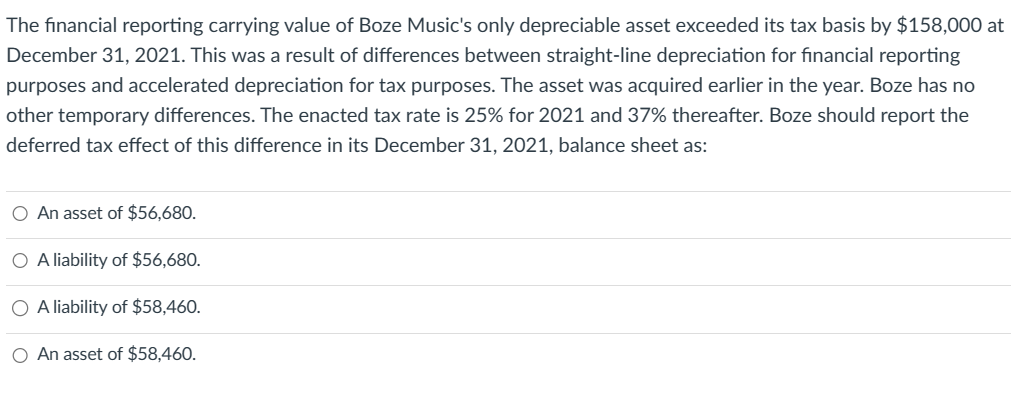 The financial reporting carrying value of Boze Music's only depreciable asset exceeded its tax basis by $158,000 at
December 31, 2021. This was a result of differences between straight-line depreciation for financial reporting
purposes and accelerated depreciation for tax purposes. The asset was acquired earlier in the year. Boze has no
other temporary differences. The enacted tax rate is 25% for 2021 and 37% thereafter. Boze should report the
deferred tax effect of this difference in its December 31, 2021, balance sheet as:
O An asset of $56,680.
O A liability of $56,680.
O A liability of $58,460.
O An asset of $58,460.