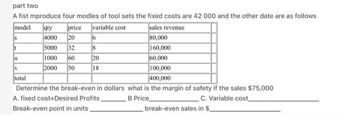 part two
A fist mproduce four modles of tool sets the fixed costs are 42 000 and the other date are as follows
sales revenue
80,000
160,000
60,000
100,000
400,000
Determine the break-even in dollars what is the margin of safety if the sales $75,000
B Price_
model
price variable cost
qty
20
4000
5000
IS
32
1000
2000
It
8
u
60
20
50
18
total
A. fixed cost+Desired Profits.
Break-even point in units.
C. Variable cost
break-even sales in $_
