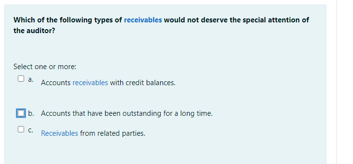 Which of the following types of receivables would not deserve the special attention of
the auditor?
Select one or more:
O a. Accounts receivables with credit balances.
b. Accounts that have been outstanding for a long time.
U. Receivables from related parties.
