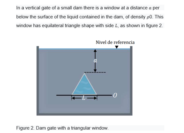 In a vertical gate of a small dam there is a window at a distance a per
below the surface of the liquid contained in the dam, of density p0. This
window has equilateral triangle shape with side L, as shown in figure 2.
Nivel de referencia
Figure 2. Dam gate with a triangular window.

