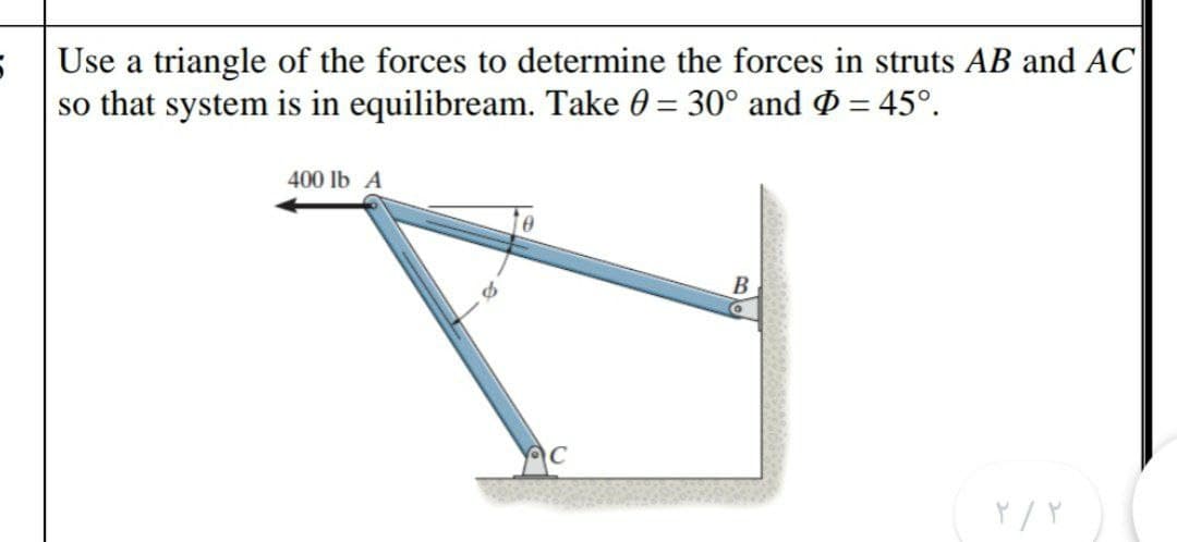 Use a triangle of the forces to determine the forces in struts AB and AC
so that system is in equilibream. Take 0 = 30° and Ø = 45°.
400 lb A
B
