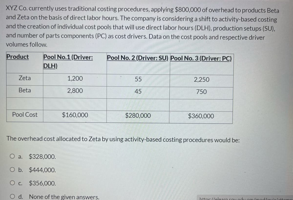 XYZ Co. currently uses traditional costing procedures, applying $800,000 of overhead to products Beta
and Zeta on the basis of direct labor hours. The company is considering a shift to activity-based costing
and the creation of individual cost pools that will use direct labor hours (DLH), production setups (SU),
and number of parts components (PC) as cost drivers. Data on the cost pools and respective driver
volumes follow.
Product
Pool No.1 (Driver:
DLH)
Pool No. 2 (Driver: SU) Pool No. 3 (Driver: PC)
Zeta
1,200
55
2,250
Beta
2,800
45
750
Pool Cost
$160,000
$280,000
$360,000
The overhead cost allocated to Zeta by using activity-based costing procedures would be:
O a. $328,000.
O b. $444,000.
O c. $356,000.
O d. None of the given answers.
https://elearn sau oduom(mod/auiT(attomn
