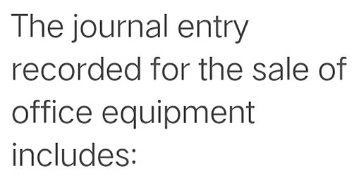 The journal entry
recorded for the sale of
office equipment
includes:
