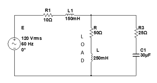 E
120 Vrms
60 Hz
0°
R1
ww
10Ω
L1
mm.
150m H
O
A
D
R5
5002
L
250m H
R3
2502
C1
:30μF