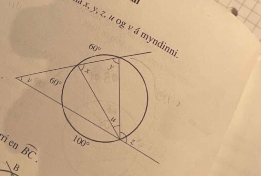 x, y, z, u og v á myndinni.
60°
60°
100°
rri en BC.
B
