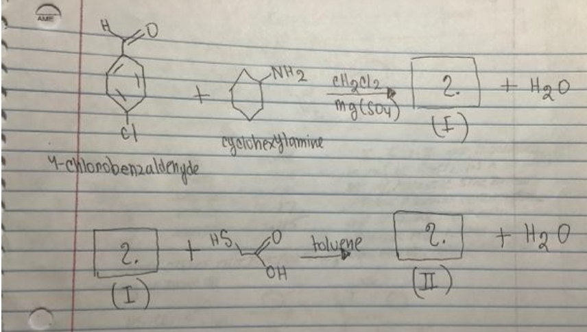 AME
ct
4-chlorobenzaldehyde
2.
+
(I
+
NH2
Ø
cyclohexylamine
HS
0
OH
CH₂Cl₂
mg (soy)
toluene
2.
+ H₂O
2. +4₂0
(I)
