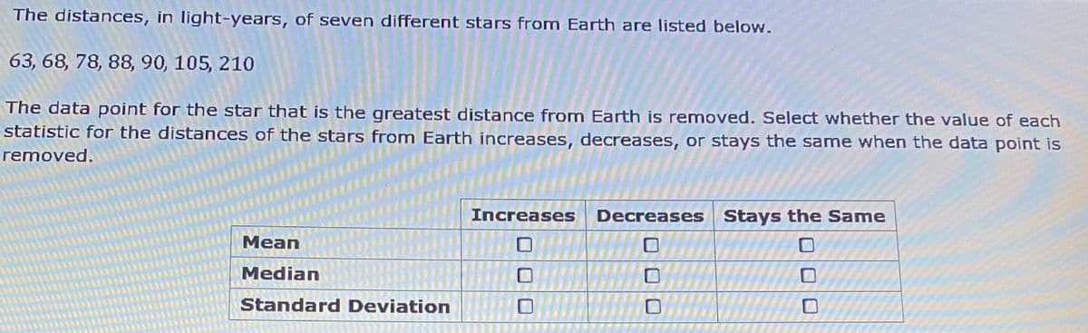 The distances, in light-years, of seven different stars from Earth are listed below.
63, 68, 78, 88, 90, 105, 210
The data point for the star that is the greatest distance from Earth is removed. Select whether the value of each
statistic for the distances of the stars from Earth increases, decreases, or stays the same when the data point is
removed.
Increases
Decreases Stays the Same
Mean
Median
Standard Deviation
O O0
O O 0
