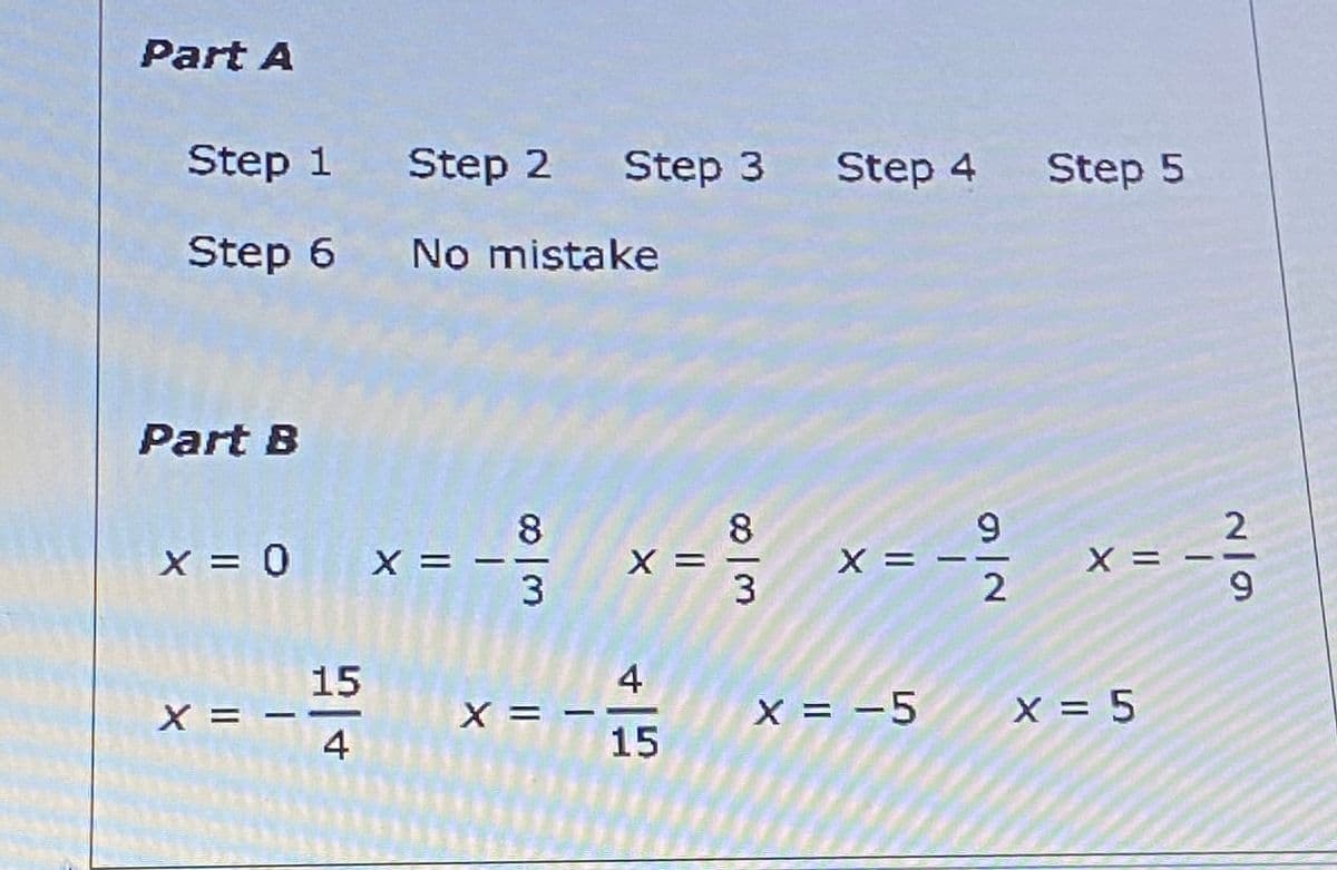 Part A
Step 1 Step 2 Step 3
Step 5
Step 6 No mistake
Part B
8.
X =
6.
X = -
8
x = 0 X =
X =
6.
15
4
X =
X =
X = -5
X = 5
4
15
9/2
