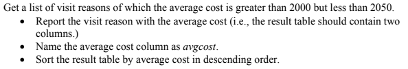 Get a list of visit reasons of which the average cost is greater than 2000 but less than 2050.
• Report the visit reason with the average cost (i.e., the result table should contain two
columns.)
• Name the average cost column as avgcost.
Sort the result table by average cost in descending order.
