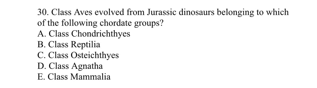 30. Class Aves evolved from Jurassic dinosaurs belonging to which
of the following chordate groups?
A. Class Chondrichthyes
B. Class Reptilia
C. Class Osteichthyes
D. Class Agnatha
E. Class Mammalia
