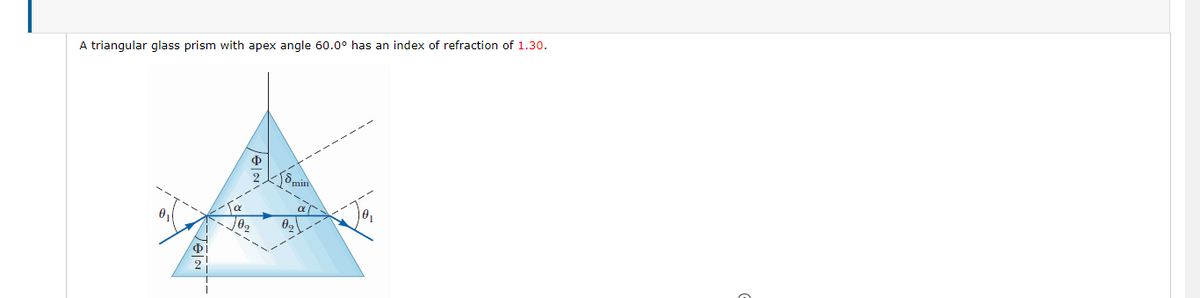 A triangular glass prism with apex angle 60.0° has an index of refraction of 1.30.
Ф
2.
8min
2
