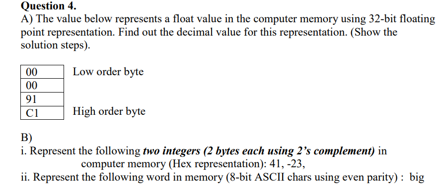 Question 4.
A) The value below represents a float value in the computer memory using 32-bit floating
point representation. Find out the decimal value for this representation. (Show the
solution steps).
00
Low order byte
00
91
C1
High order byte
В)
i. Represent the following two integers (2 bytes each using 2’s complement) in
computer memory (Hex representation): 41, -23,
ii. Represent the following word in memory (8-bit ASCII chars using even parity): big
