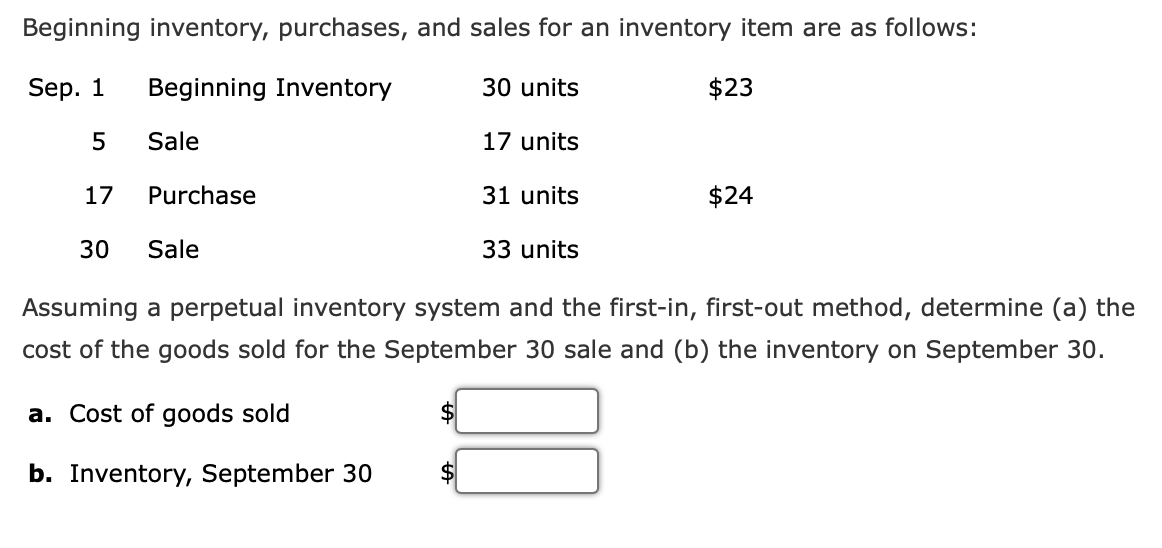 Beginning inventory, purchases, and sales for an inventory item are as follows:
Sep. 1
Beginning Inventory
30 units
$23
Sale
17 units
17
Purchase
31 units
$24
30
Sale
33 units
Assuming a perpetual inventory system and the first-in, first-out method, determine (a) the
cost of the goods sold for the September 30 sale and (b) the inventory on September 30.
a. Cost of goods sold
b. Inventory, September 30
